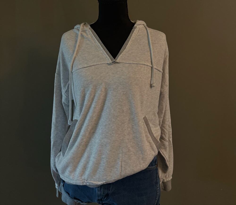 Zara Heather Grey Fleece V-Neck Pullover Hoodie (Flaw)